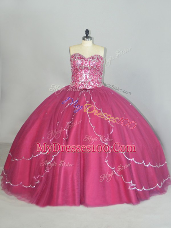 Ideal Brush Train Ball Gowns Sweet 16 Dress Red Sweetheart Tulle Sleeveless Lace Up