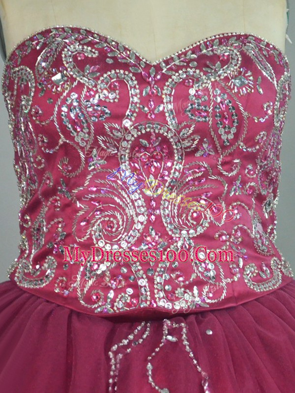 Ideal Brush Train Ball Gowns Sweet 16 Dress Red Sweetheart Tulle Sleeveless Lace Up