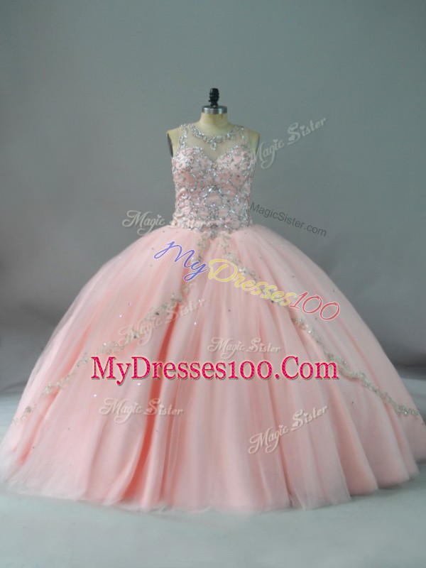 Modest Peach Ball Gowns Tulle Scoop Sleeveless Beading Lace Up Sweet 16 Dress
