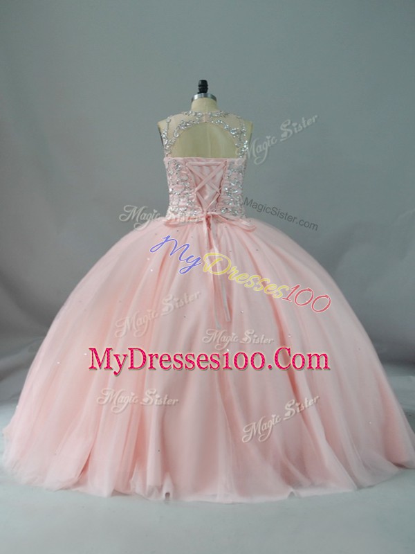 Modest Peach Ball Gowns Tulle Scoop Sleeveless Beading Lace Up Sweet 16 Dress