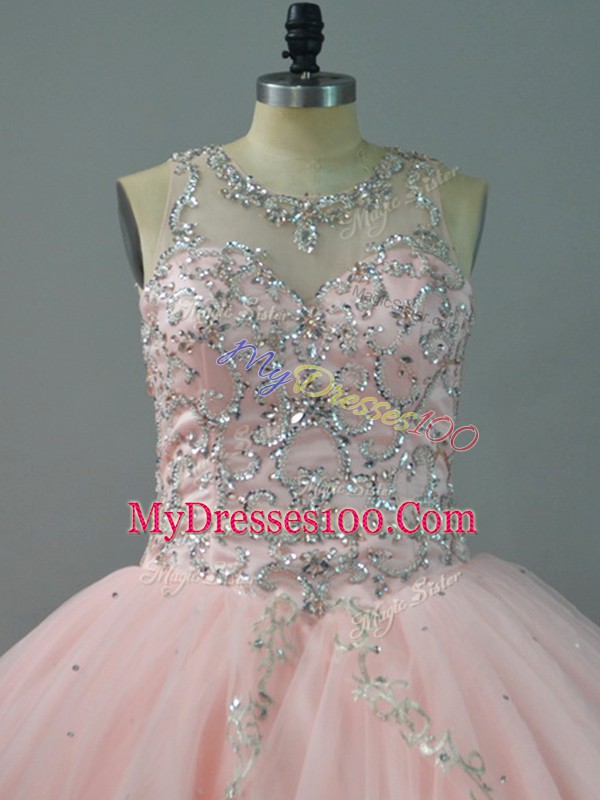 Modest Peach Ball Gowns Tulle Scoop Sleeveless Beading Lace Up Sweet 16 Dress