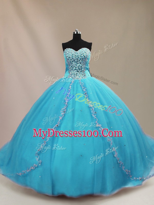 Aqua Blue Vestidos de Quinceanera Sweetheart Sleeveless Court Train Lace Up