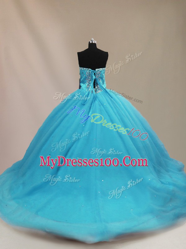 Aqua Blue Vestidos de Quinceanera Sweetheart Sleeveless Court Train Lace Up
