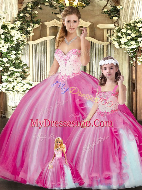 Ideal Beading Ball Gown Prom Dress Fuchsia Lace Up Sleeveless Floor Length