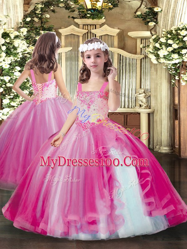 Ideal Beading Ball Gown Prom Dress Fuchsia Lace Up Sleeveless Floor Length