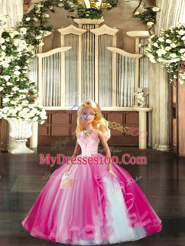 Ideal Beading Ball Gown Prom Dress Fuchsia Lace Up Sleeveless Floor Length