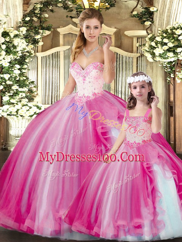 Ideal Beading Ball Gown Prom Dress Fuchsia Lace Up Sleeveless Floor Length