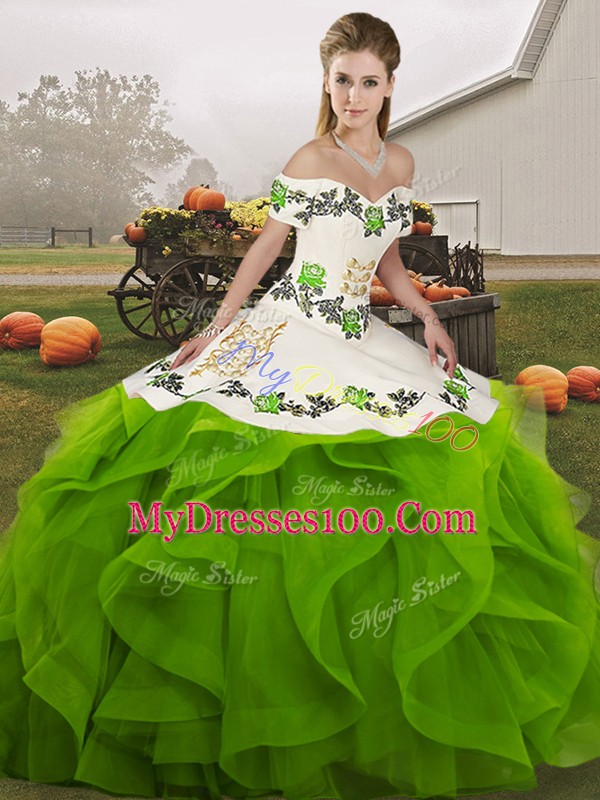 Modern Floor Length Lace Up Quince Ball Gowns Green for Military Ball and Sweet 16 and Quinceanera with Embroidery and Ruffles