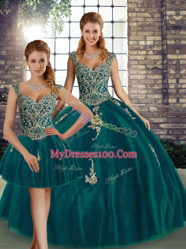 Peacock Green Sleeveless Floor Length Beading and Appliques Lace Up Ball Gown Prom Dress