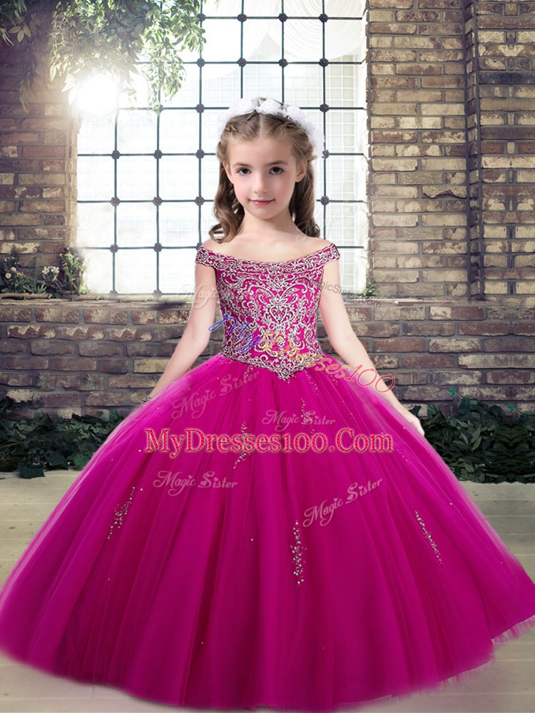 Customized Floor Length Ball Gowns Sleeveless Fuchsia Kids Formal Wear Lace Up