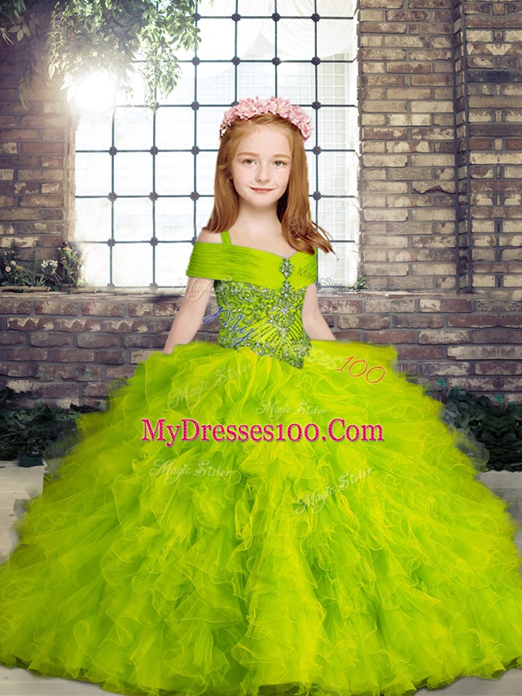 Floor Length Lace Up Kids Formal Wear for Party and Wedding Party with Beading and Ruffles