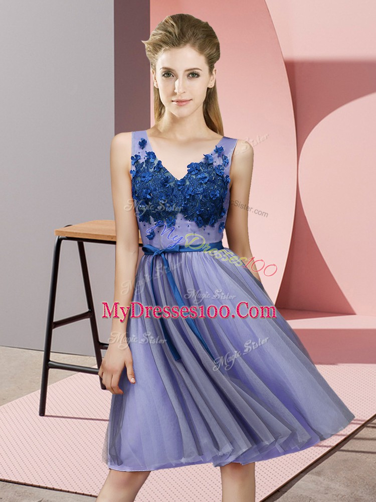 Empire Bridesmaids Dress Lavender V-neck Tulle Sleeveless Knee Length Lace Up