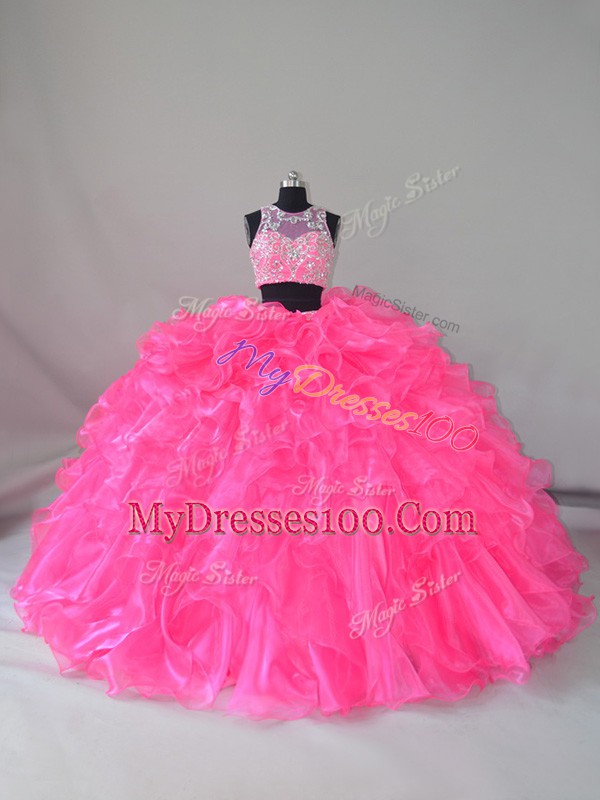 Clearance Hot Pink Organza Zipper Scoop Sleeveless Ball Gown Prom Dress Court Train Beading and Ruffles