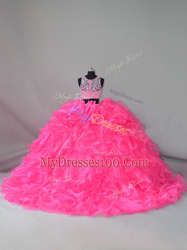 Clearance Hot Pink Organza Zipper Scoop Sleeveless Ball Gown Prom Dress Court Train Beading and Ruffles