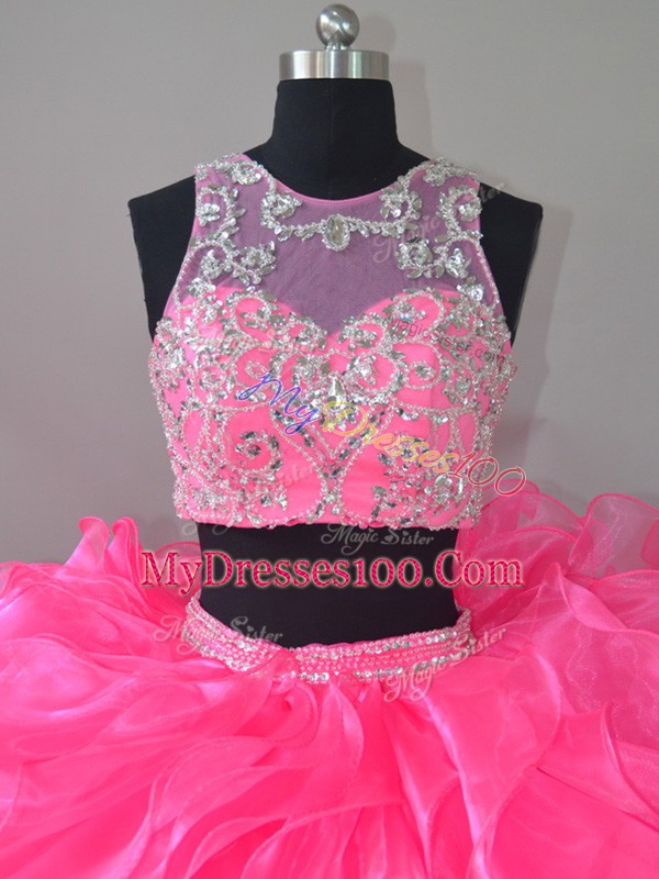 Clearance Hot Pink Organza Zipper Scoop Sleeveless Ball Gown Prom Dress Court Train Beading and Ruffles