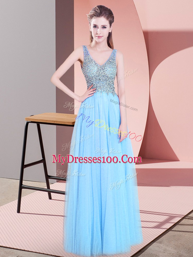Suitable Tulle V-neck Sleeveless Zipper Beading Prom Party Dress in Baby Blue