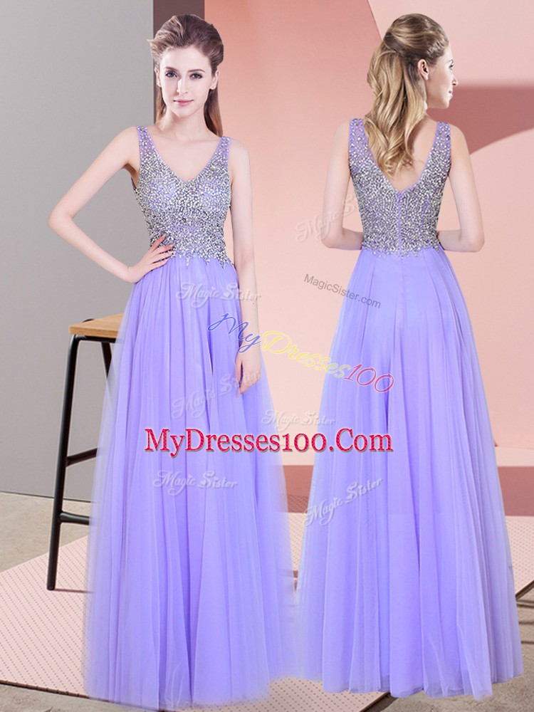 Super Sleeveless Floor Length Beading Zipper Prom Party Dress with Lavender