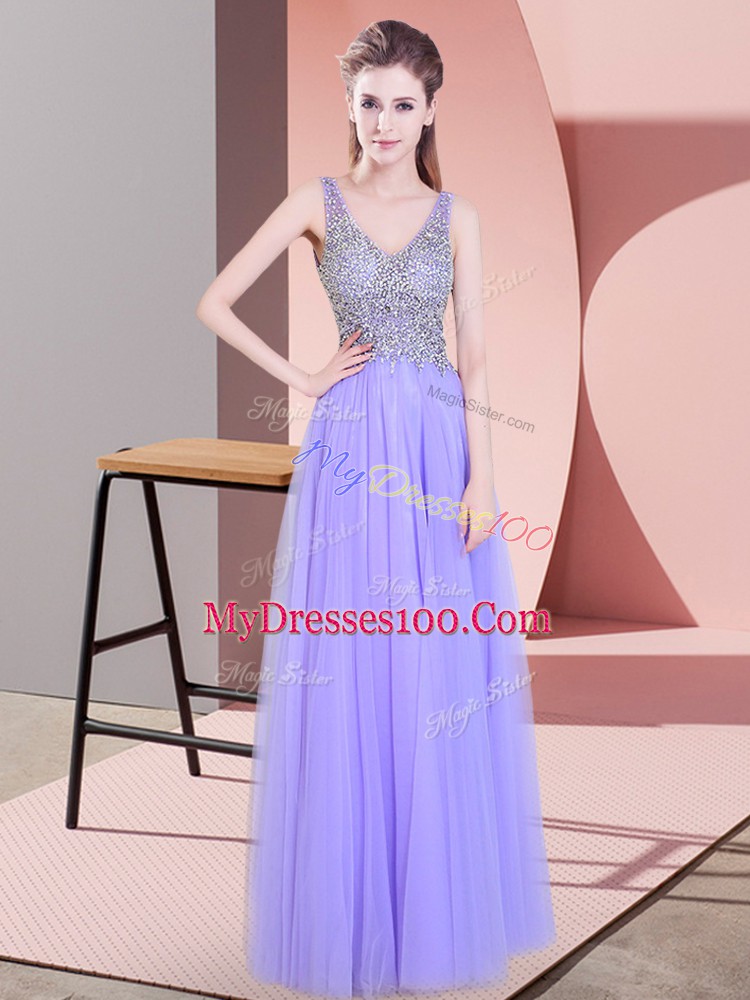 Super Sleeveless Floor Length Beading Zipper Prom Party Dress with Lavender