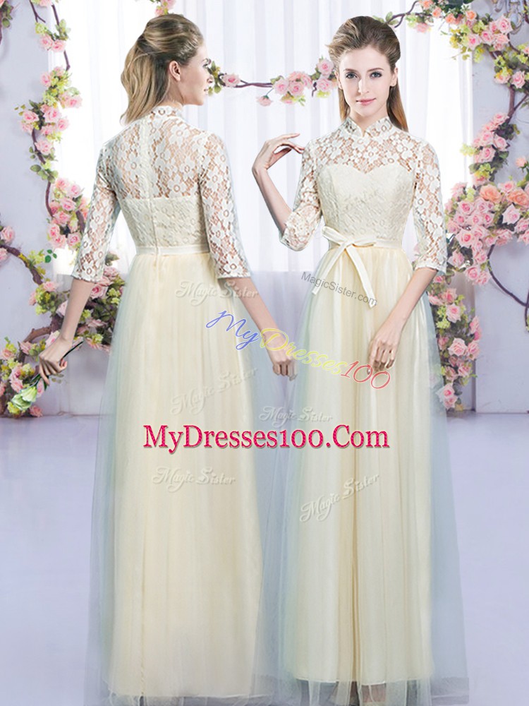 Champagne Tulle Zipper High-neck Half Sleeves Floor Length Bridesmaids Dress Lace and Bowknot