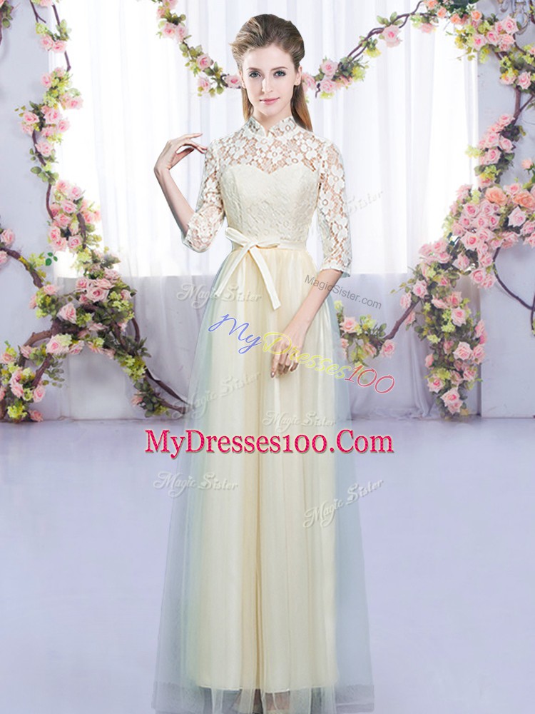 Champagne Tulle Zipper High-neck Half Sleeves Floor Length Bridesmaids Dress Lace and Bowknot