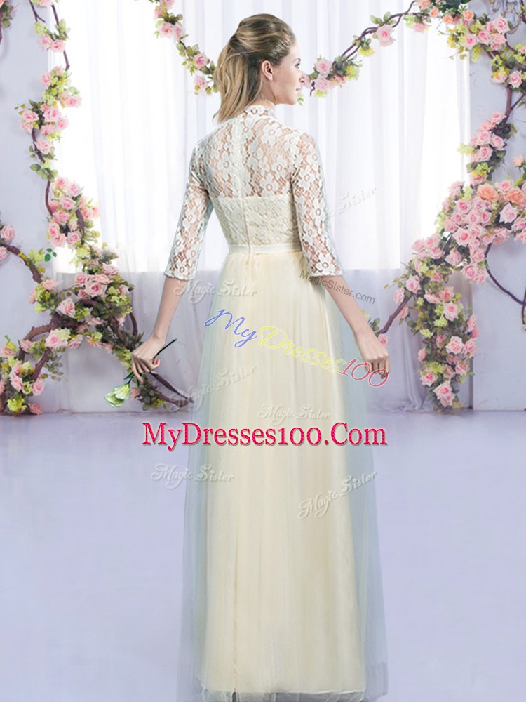 Champagne Tulle Zipper High-neck Half Sleeves Floor Length Bridesmaids Dress Lace and Bowknot