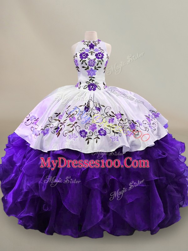 Ideal Floor Length White And Purple Sweet 16 Dresses Halter Top Long Sleeves Lace Up