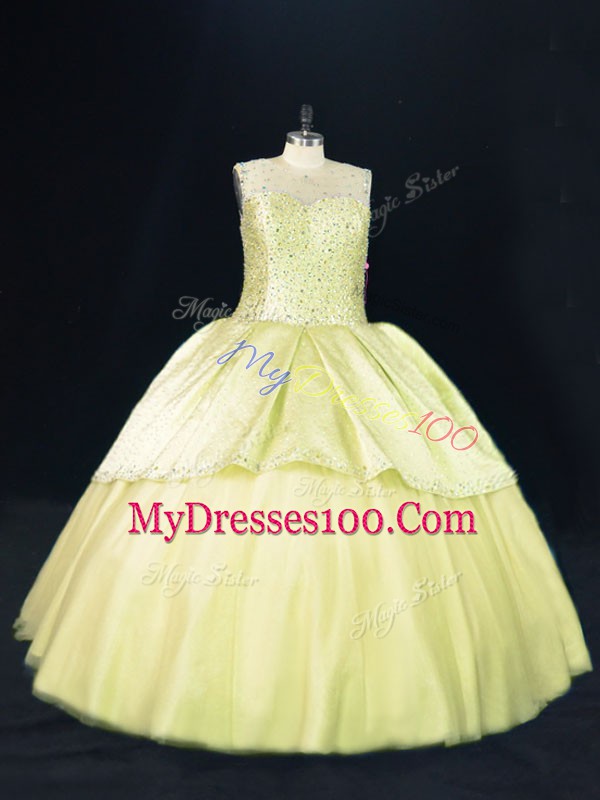Fancy Yellow Green Ball Gowns Scoop Sleeveless Tulle Lace Up Beading Quinceanera Gowns