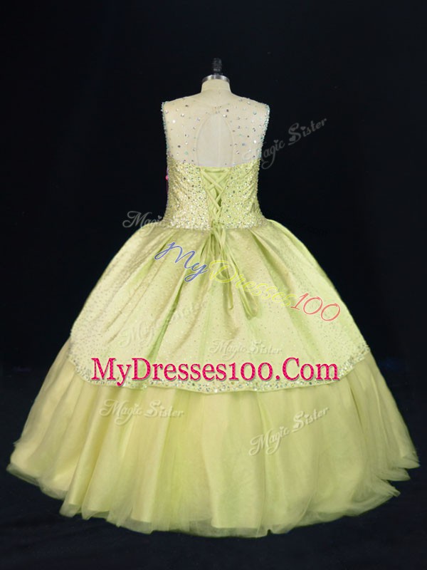 Fancy Yellow Green Ball Gowns Scoop Sleeveless Tulle Lace Up Beading Quinceanera Gowns