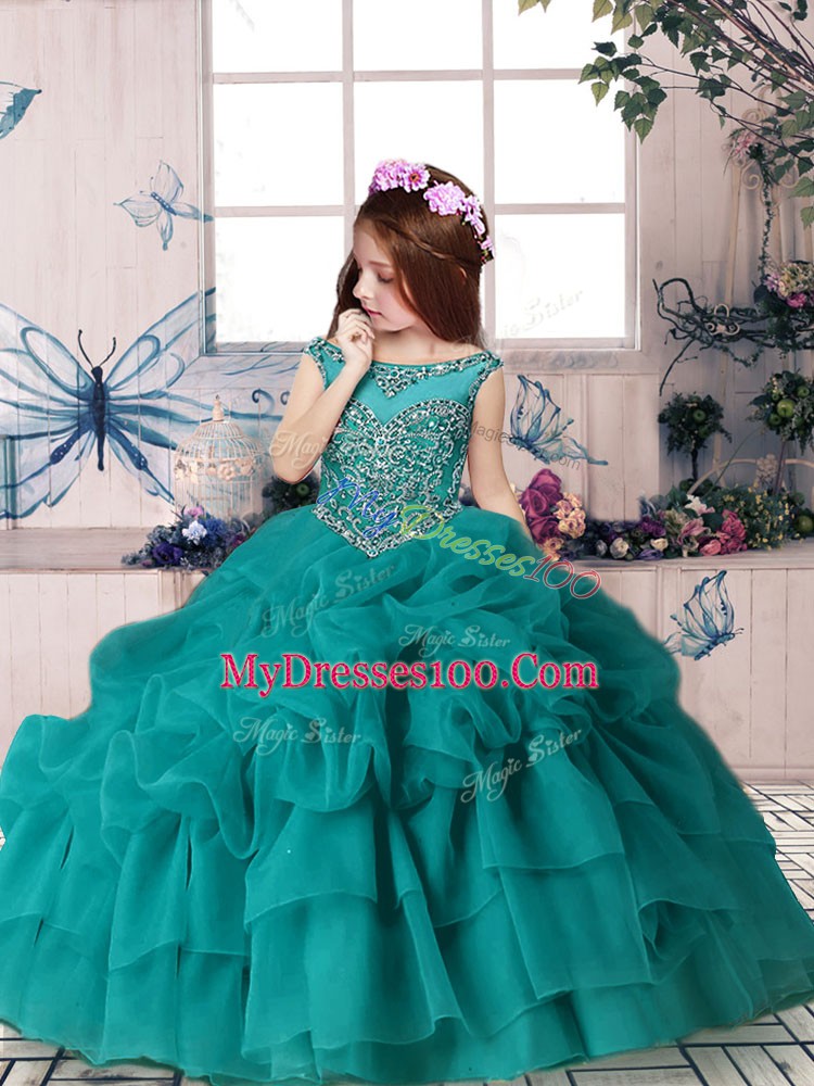 Sleeveless Organza Floor Length Zipper Child Pageant Dress in Teal with Beading and Pick Ups