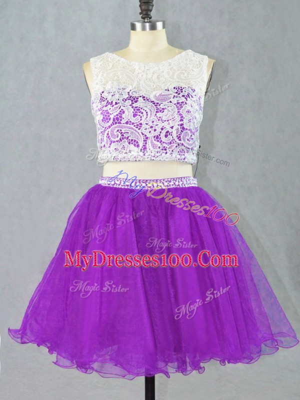Smart Scoop Sleeveless Prom Evening Gown Appliques Eggplant Purple Organza