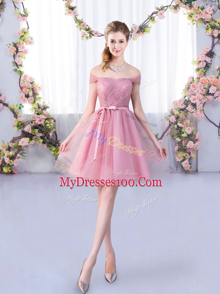 Flirting Mini Length Pink Bridesmaids Dress Off The Shoulder Sleeveless Lace Up