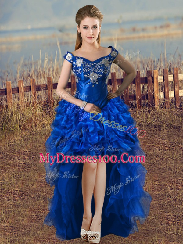Sophisticated Royal Blue Homecoming Dress Prom and Party and Military Ball with Embroidery and Ruffles Off The Shoulder Sleeveless Lace Up