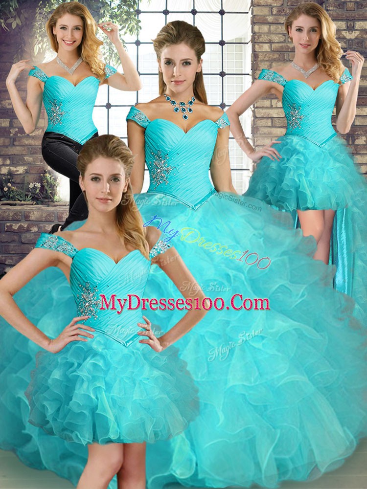 Customized Off The Shoulder Sleeveless Organza Sweet 16 Dress Beading and Ruffles Lace Up