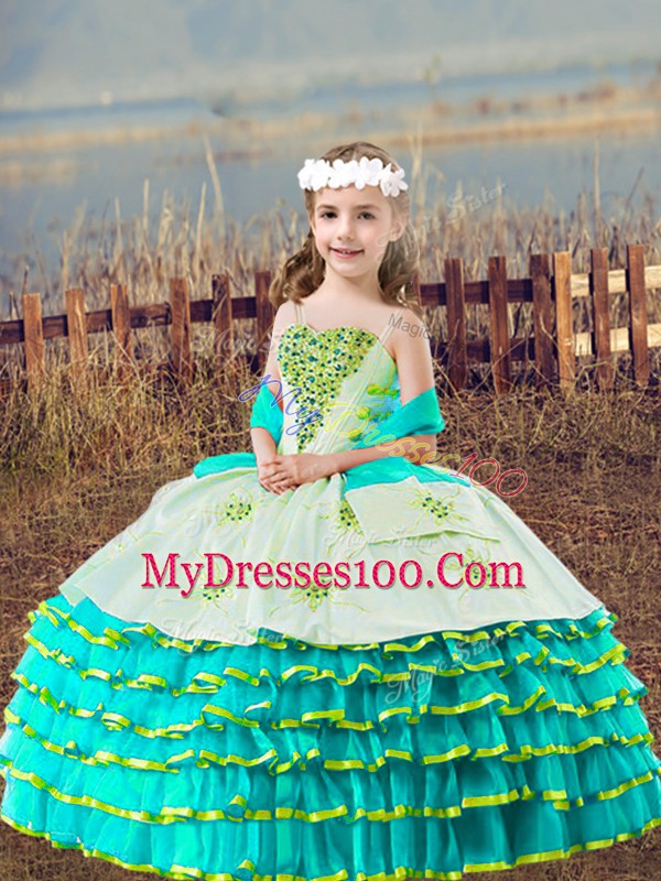 Sleeveless Organza Floor Length Lace Up Pageant Dress for Teens in Aqua Blue with Beading and Embroidery and Ruffled Layers