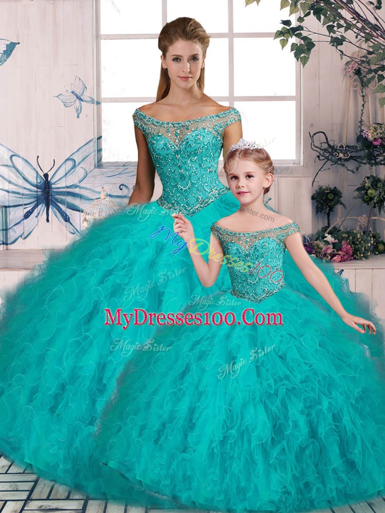 Aqua Blue Sleeveless Brush Train Beading and Ruffles Sweet 16 Dress