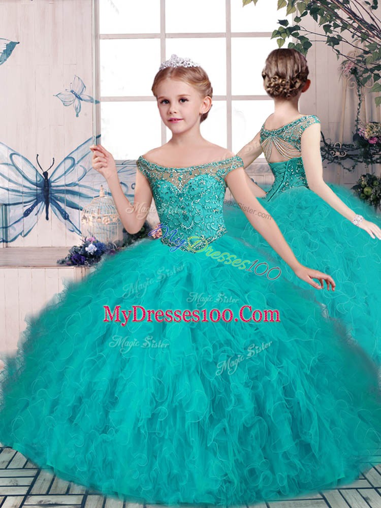 Aqua Blue Sleeveless Brush Train Beading and Ruffles Sweet 16 Dress