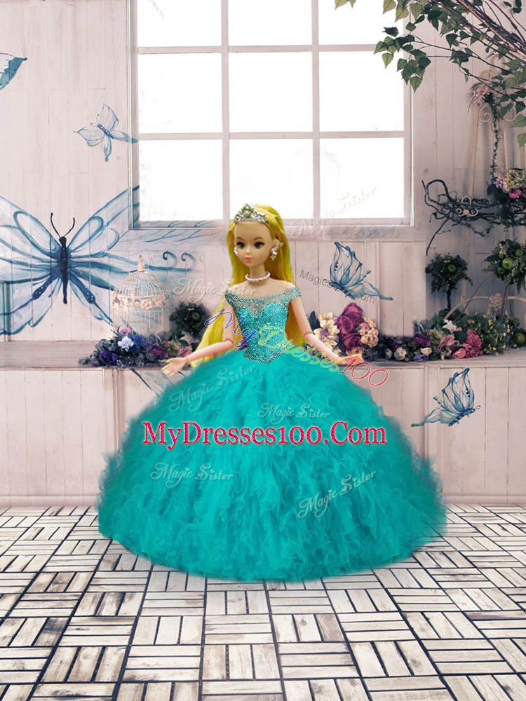 Aqua Blue Sleeveless Brush Train Beading and Ruffles Sweet 16 Dress