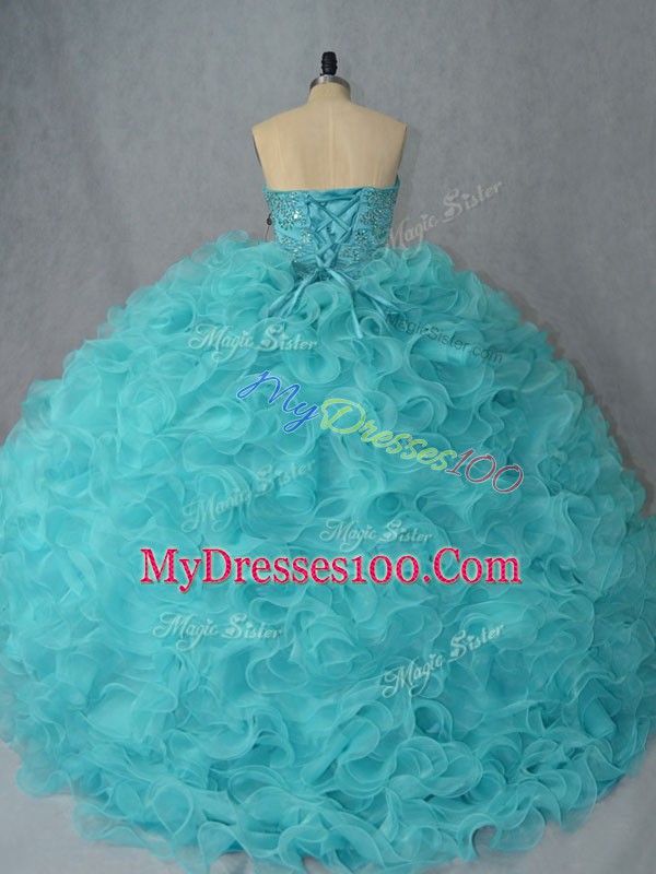 Customized Aqua Blue Lace Up Quinceanera Gown Beading and Ruffles Sleeveless
