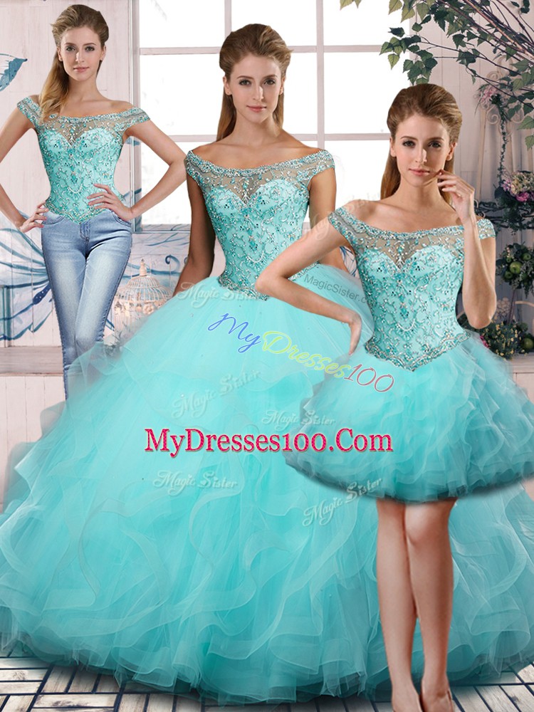 Custom Designed Aqua Blue Quinceanera Gown Sweet 16 and Quinceanera with Beading and Ruffles Off The Shoulder Sleeveless Lace Up