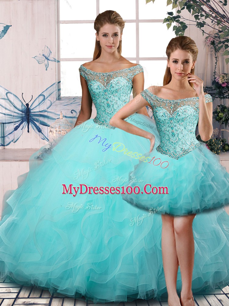 Custom Designed Aqua Blue Quinceanera Gown Sweet 16 and Quinceanera with Beading and Ruffles Off The Shoulder Sleeveless Lace Up