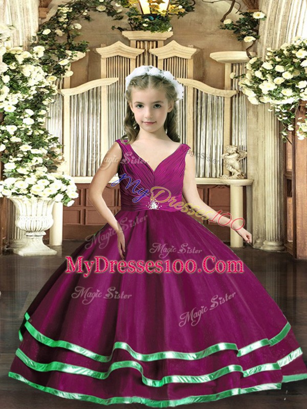 Floor Length Purple Little Girls Pageant Dress Organza Sleeveless Beading and Ruching