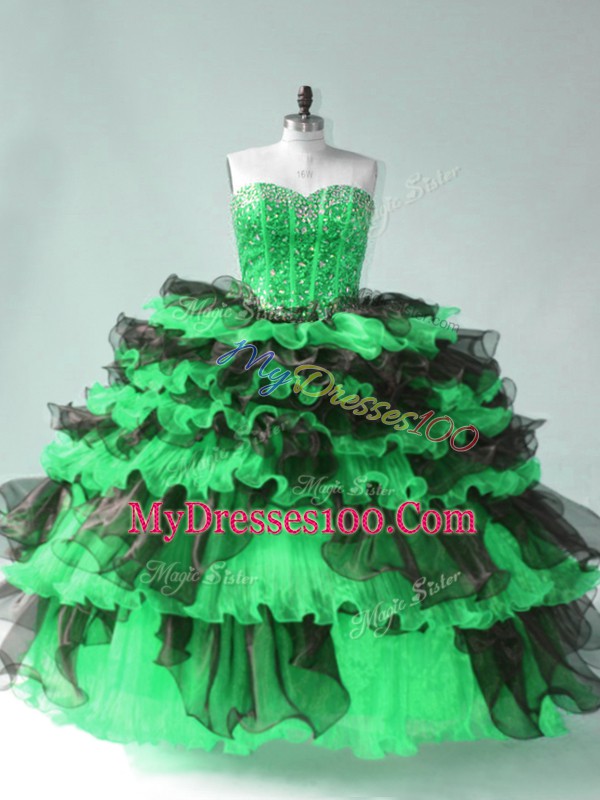Green Lace Up Sweetheart Beading and Ruffled Layers Quinceanera Gowns Organza Sleeveless