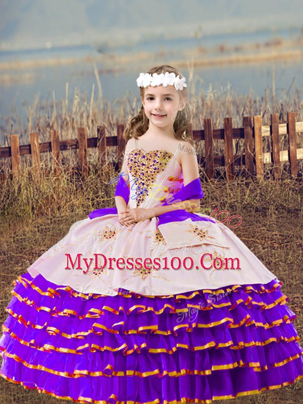 Lavender Sleeveless Floor Length Beading and Embroidery and Ruffled Layers Lace Up Kids Pageant Dress