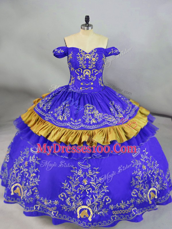 Luxurious Floor Length Lace Up Quince Ball Gowns Blue for Sweet 16 and Quinceanera with Embroidery