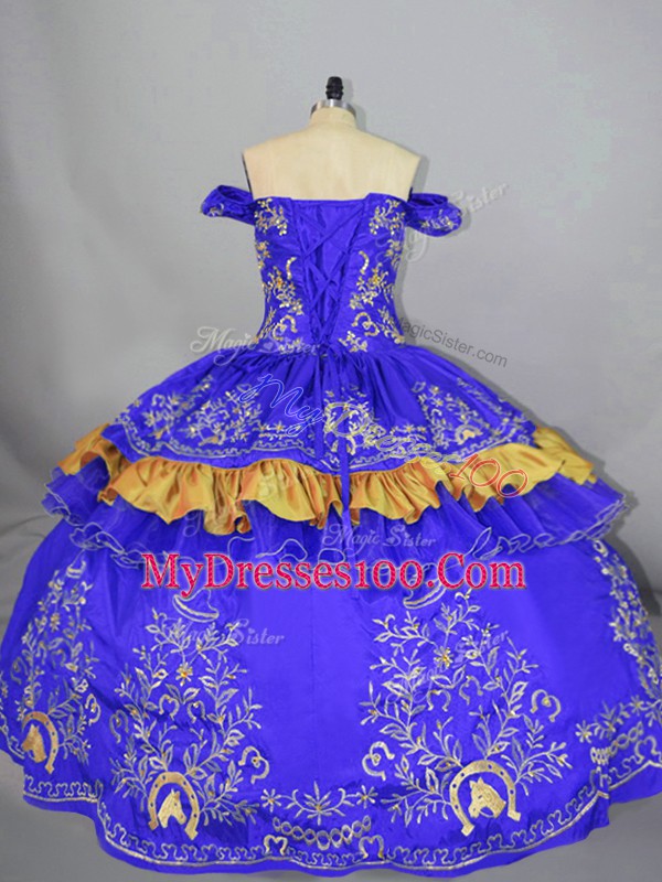 Luxurious Floor Length Lace Up Quince Ball Gowns Blue for Sweet 16 and Quinceanera with Embroidery