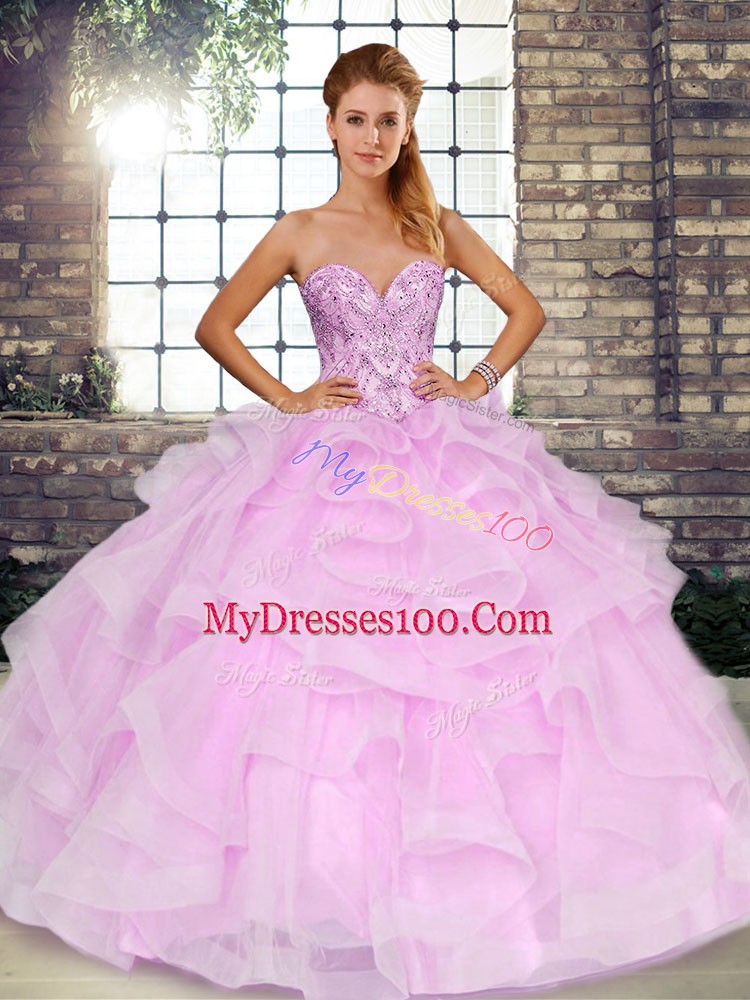 Clearance Lilac Ball Gowns Beading and Ruffles 15 Quinceanera Dress Lace Up Tulle Sleeveless Floor Length