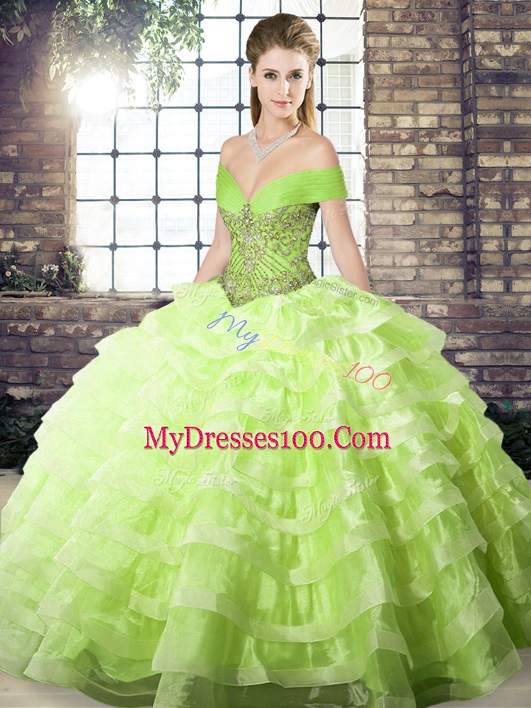 Edgy Yellow Green Off The Shoulder Lace Up Beading and Ruffled Layers Quinceanera Dress Brush Train Sleeveless