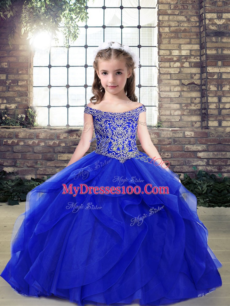 Royal Blue Ball Gowns Organza Off The Shoulder Sleeveless Beading Floor Length Lace Up Little Girl Pageant Gowns