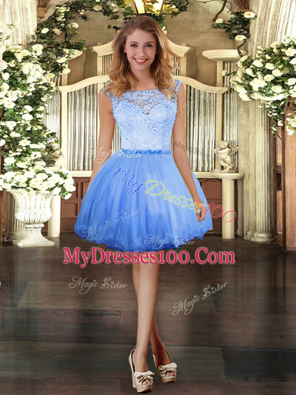 Clearance Mini Length Blue Evening Dress Scoop Sleeveless Zipper
