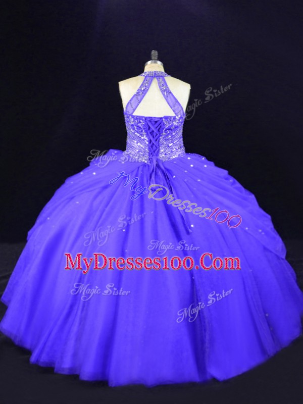 Romantic Sleeveless Floor Length Beading Lace Up Sweet 16 Quinceanera Dress with Purple